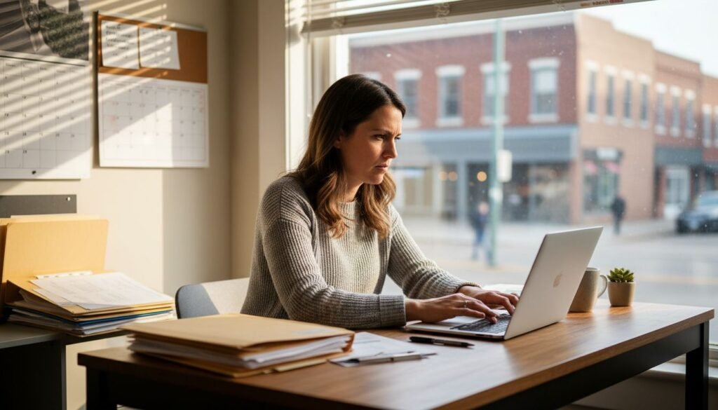 Small business owner updating CRM at desk