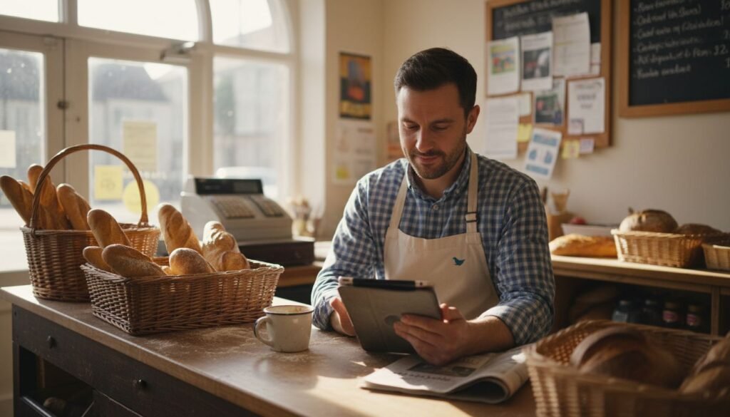 Bakery owner reading customer reviews on tablet