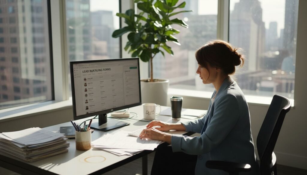 Business owner reviews leads in sunlit office