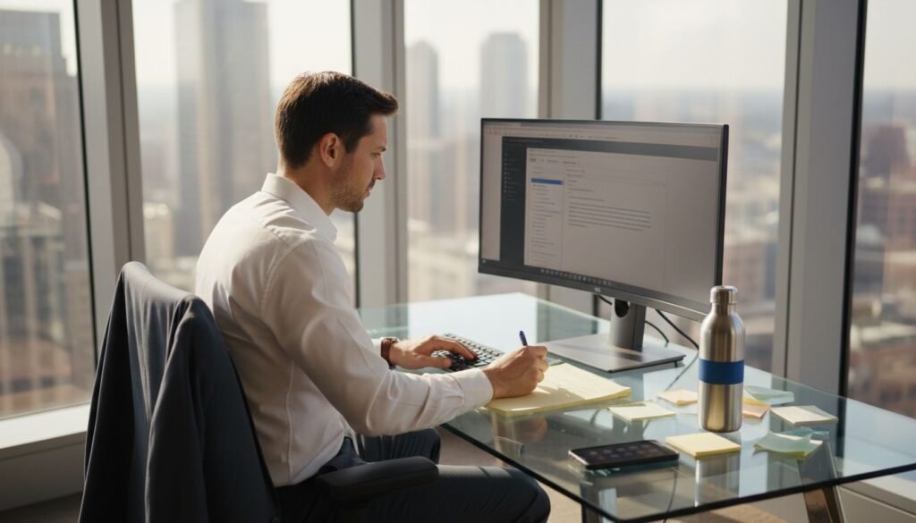 Professional composing email at sunlit office desk