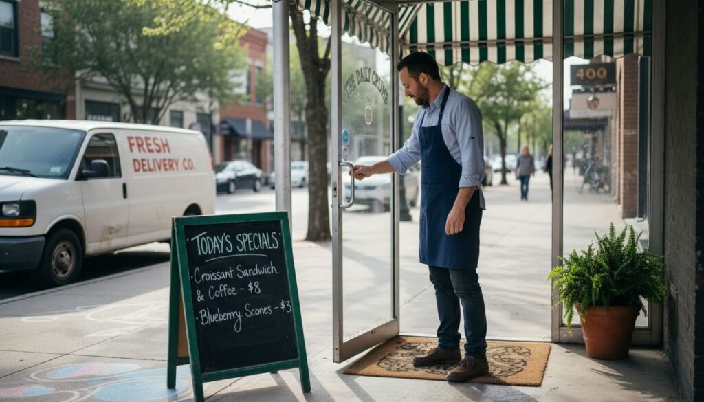 Bakery owner opening storefront early morning