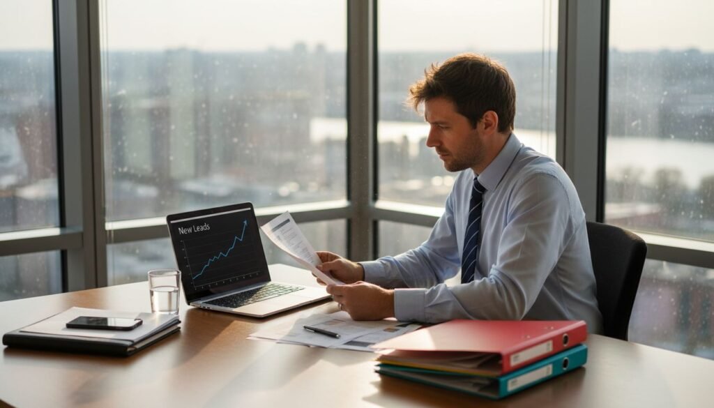 Small business owner reviewing lead checklist in office