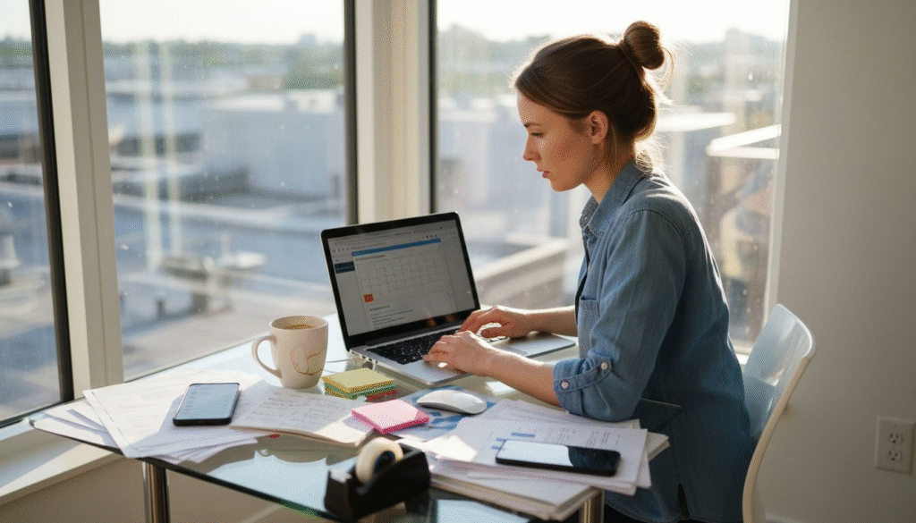 Small business owner planning marketing on laptop