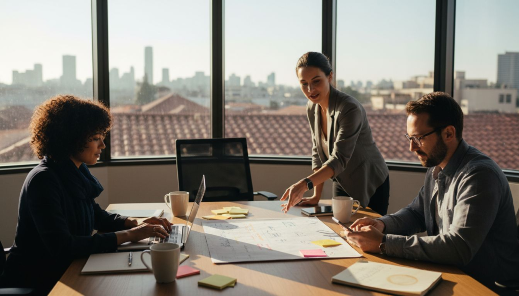 Team collaborating in sunny office on marketing automation