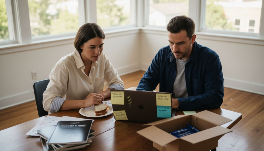 Small business owners reviewing marketing checklist