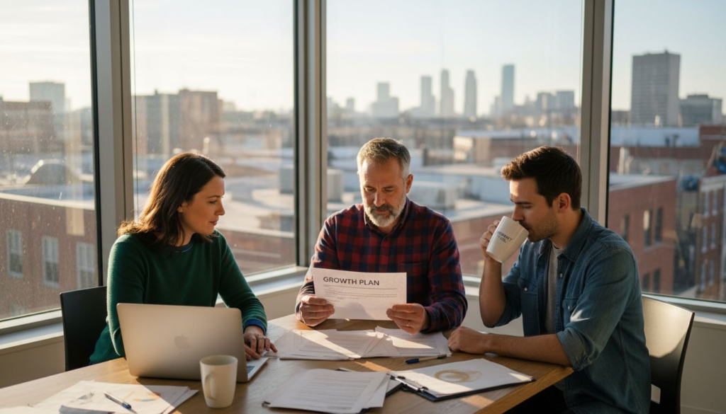 Small business team planning growth tactics in office