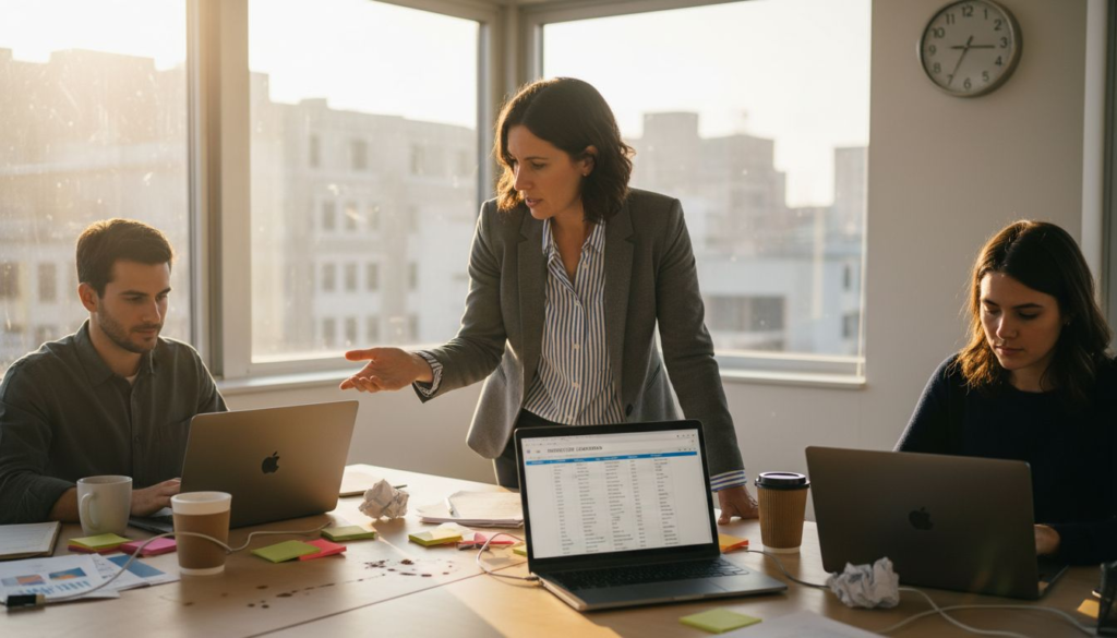 Small team reviewing recruitment software in office
