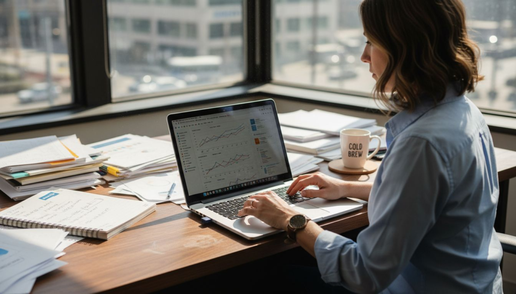 SMB manager at cluttered office desk working
