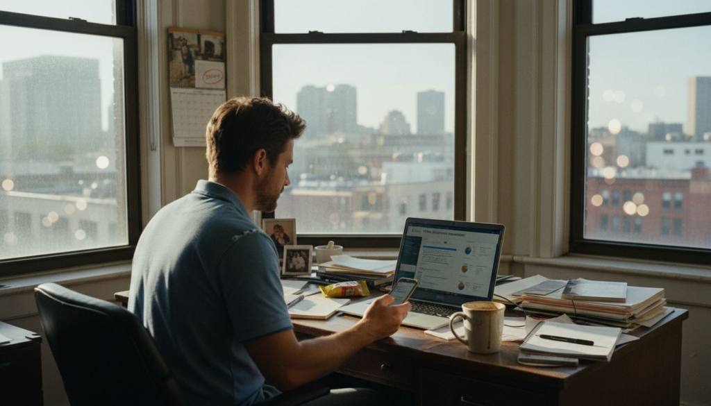 Owner checking CRM dashboard in bright office