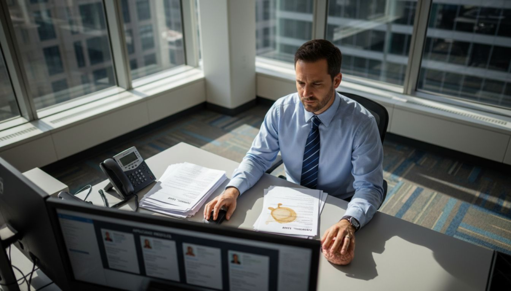 Hiring manager reviewing candidates in tech office