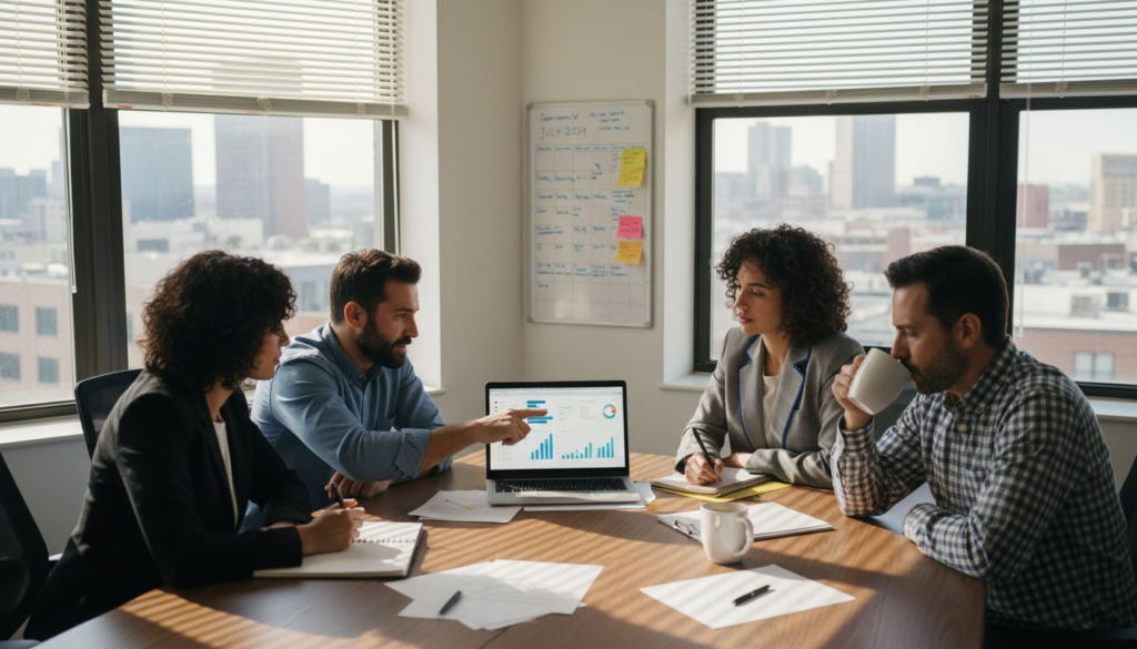 Small business team discussing CRM around laptop