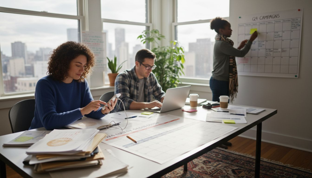 Team planning marketing with laptop and papers