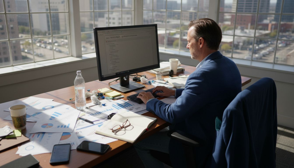 Marketer creating campaign at cluttered office desk