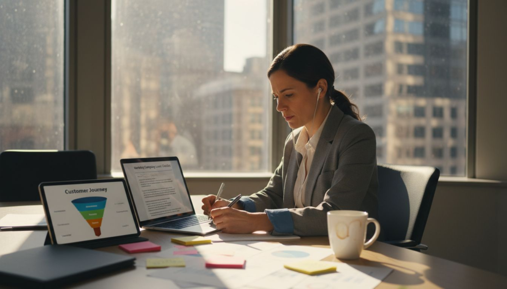 Marketer preparing automation checklist in office
