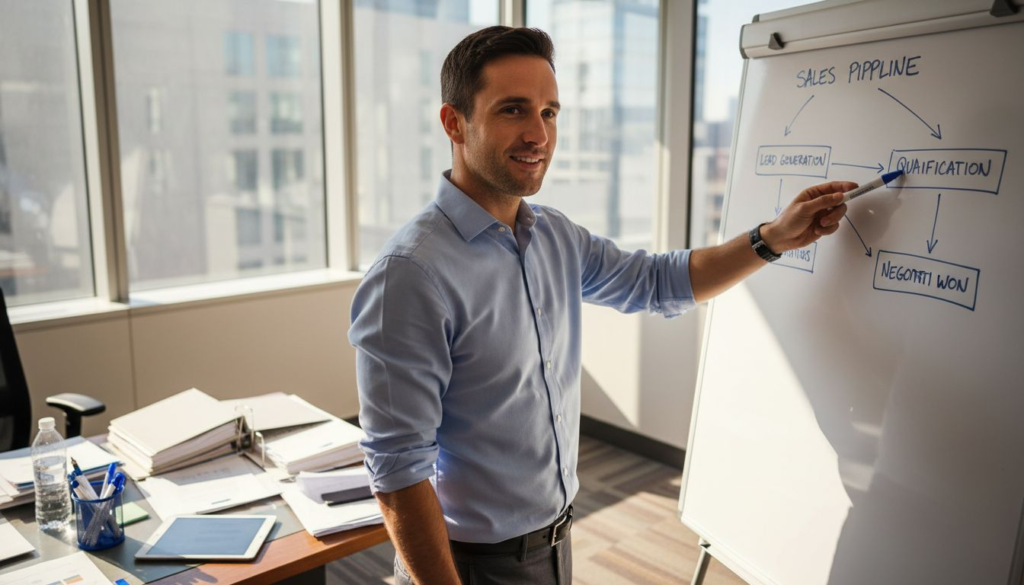 Team leader reviewing sales pipeline workflow