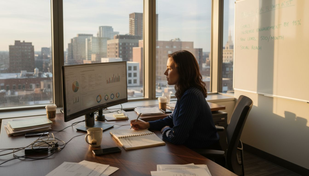 Marketing manager reviews campaign at corner office desk