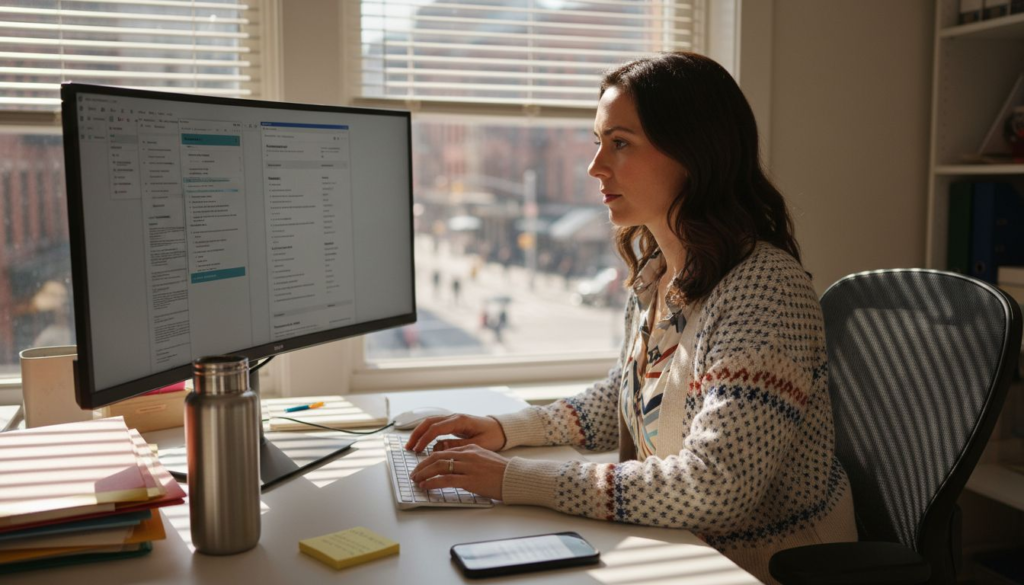 Recruiter reviews resumes on cluttered office desk