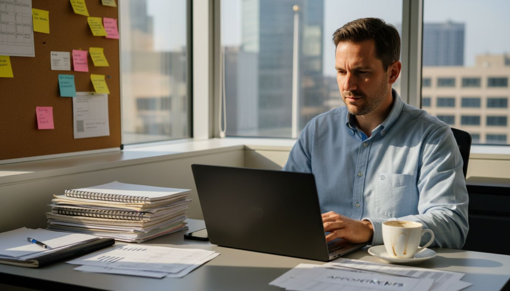 Small business owner using CRM in office