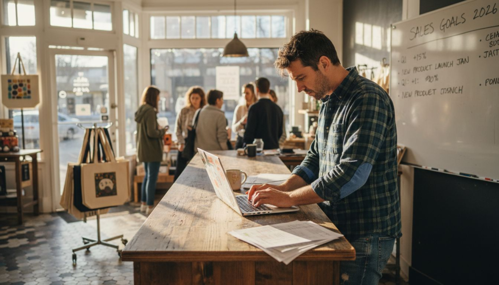 Shop owner reviewing sales plans for growth