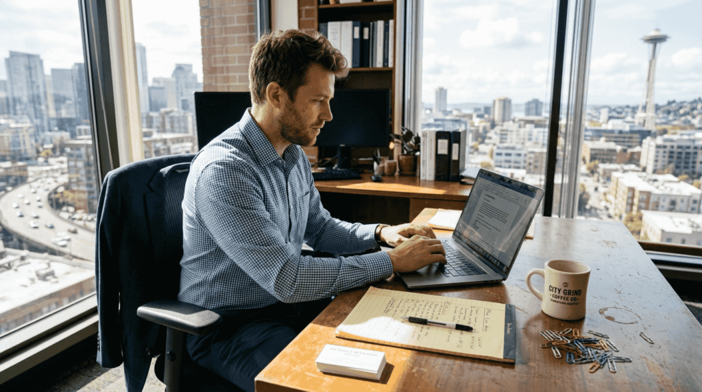 Small business owner working in corner office
