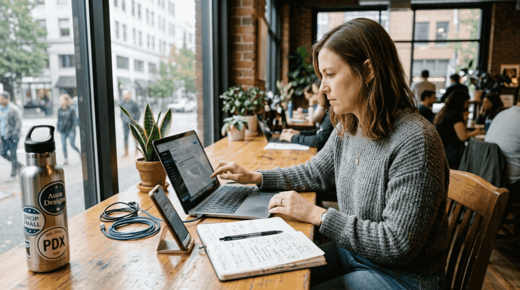 Small business owner working on marketing plan