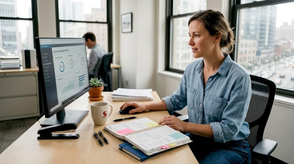 Business owner uses integrated marketing tools