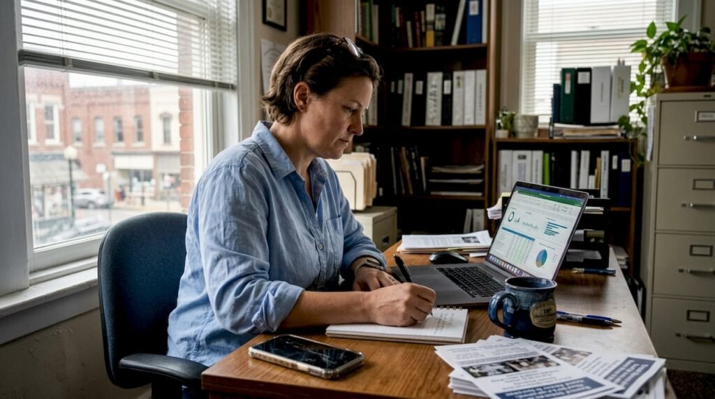 SME owner using laptop for marketing tasks