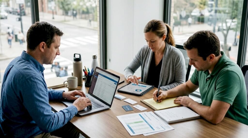 Coworkers collaborating in small business workspace