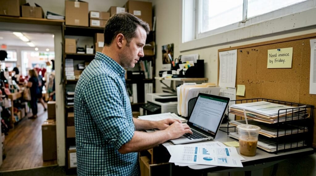 Small business owner using digital tools in office