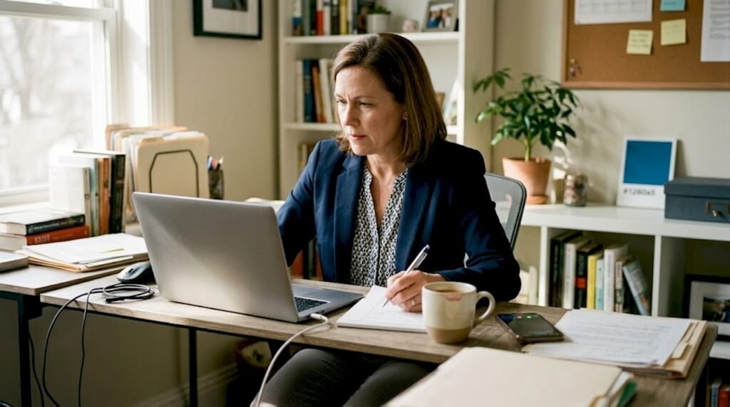 Woman reviewing digital hiring applications at desk