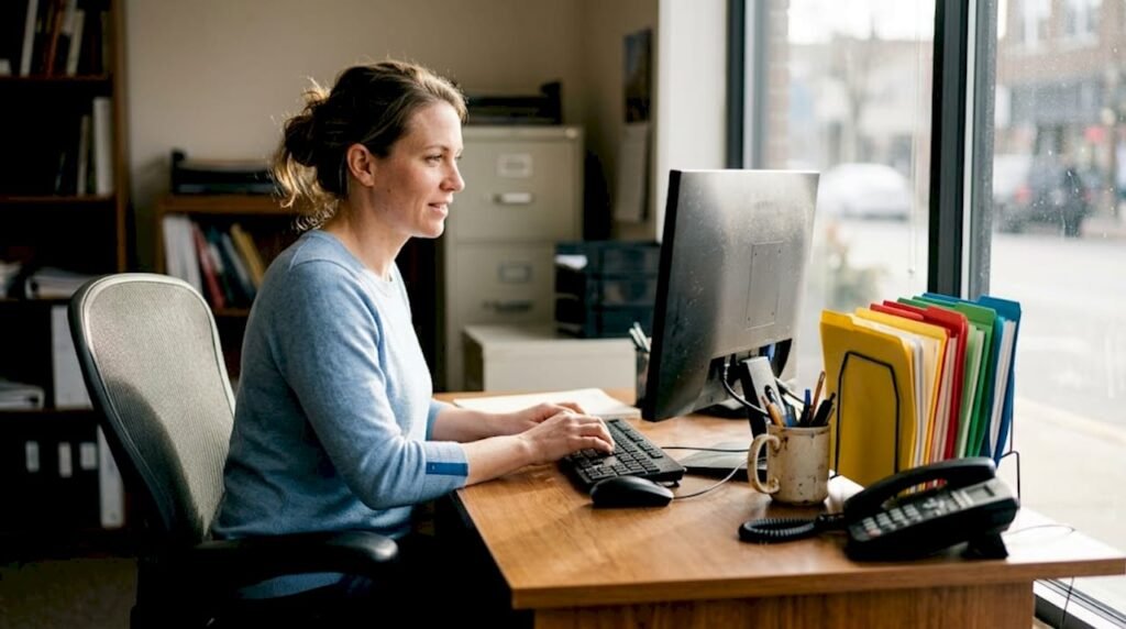 Small business owner updating CRM on desktop