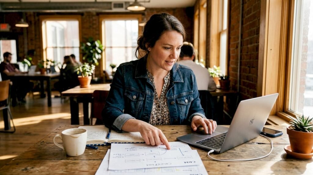 Small business owner reviewing CRM workflow