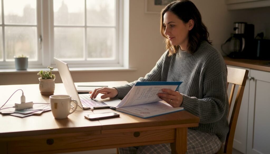 Woman working at home on laptop business