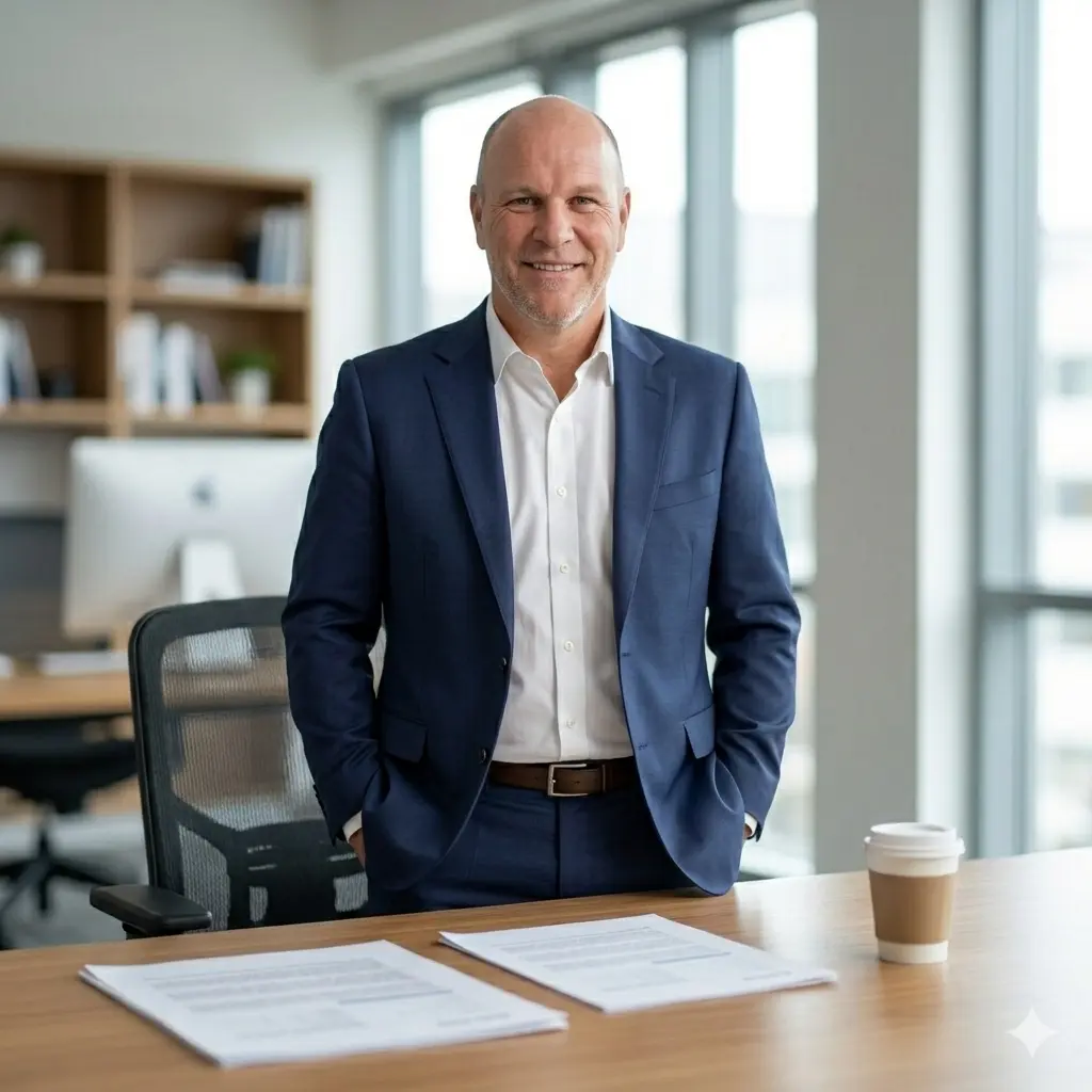 Peter, CEO of GON-Connect, standing in a modern office wearing a navy suit with documents and a coffee cup on the desk.