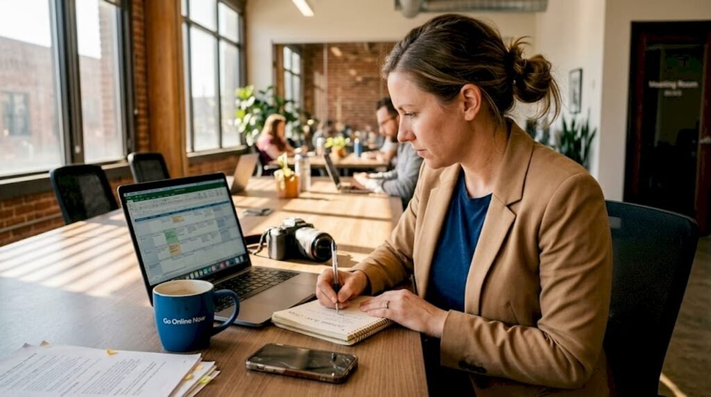 Content manager editing calendar in coworking space