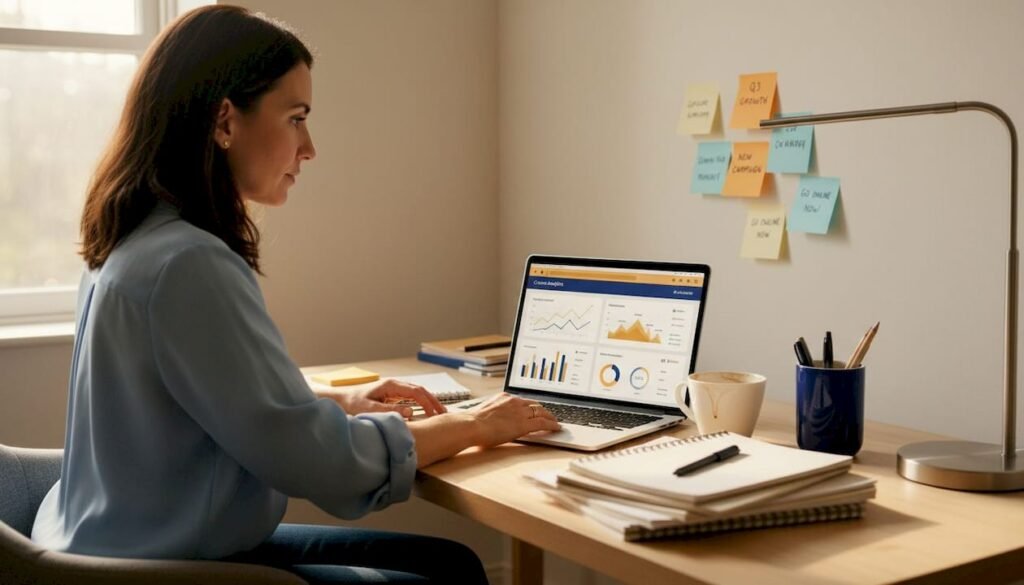 Small business owner using content guide at desk