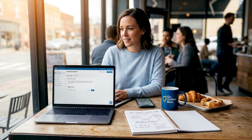 Business owner plans digital marketing in café