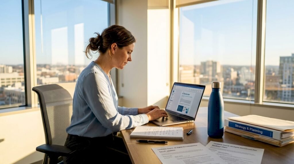 Manager plans digital recruitment in conference room