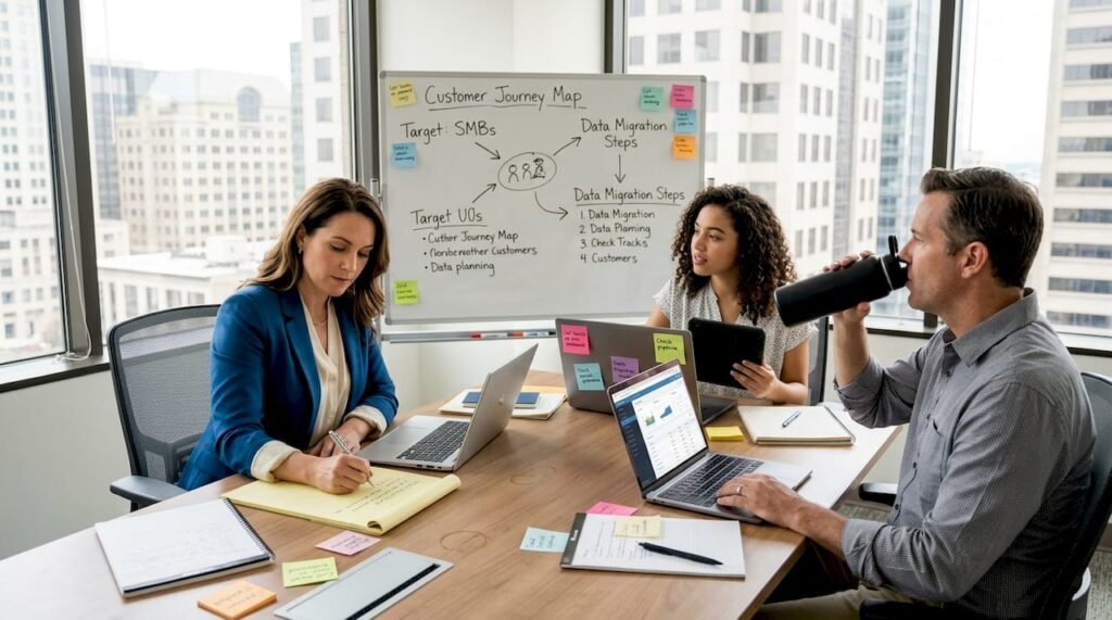 Small business team reviewing CRM workflow steps