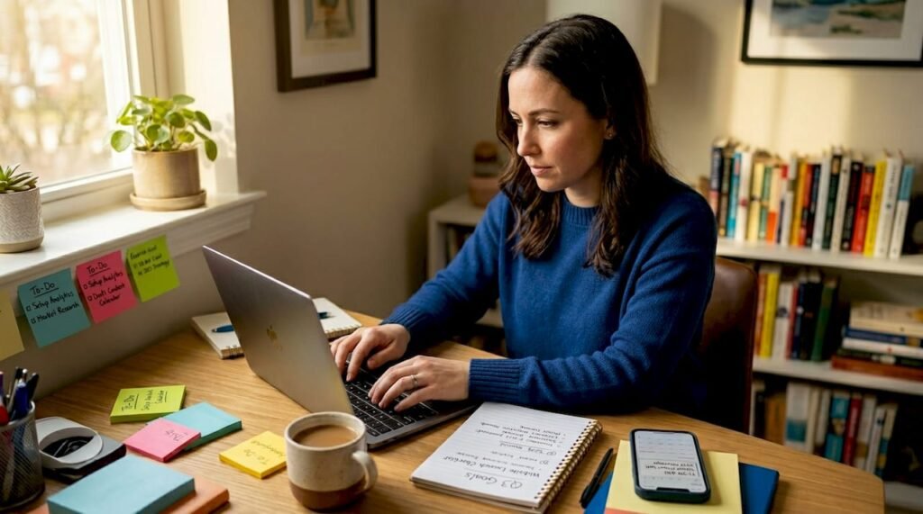 Small business owner working on marketing automation