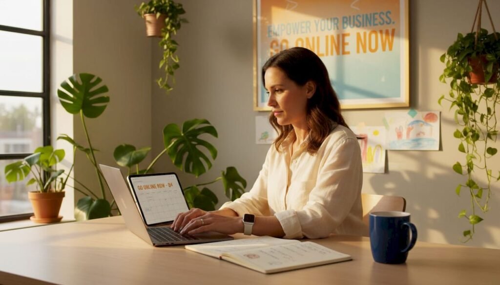 Woman planning digital strategy at kitchen table