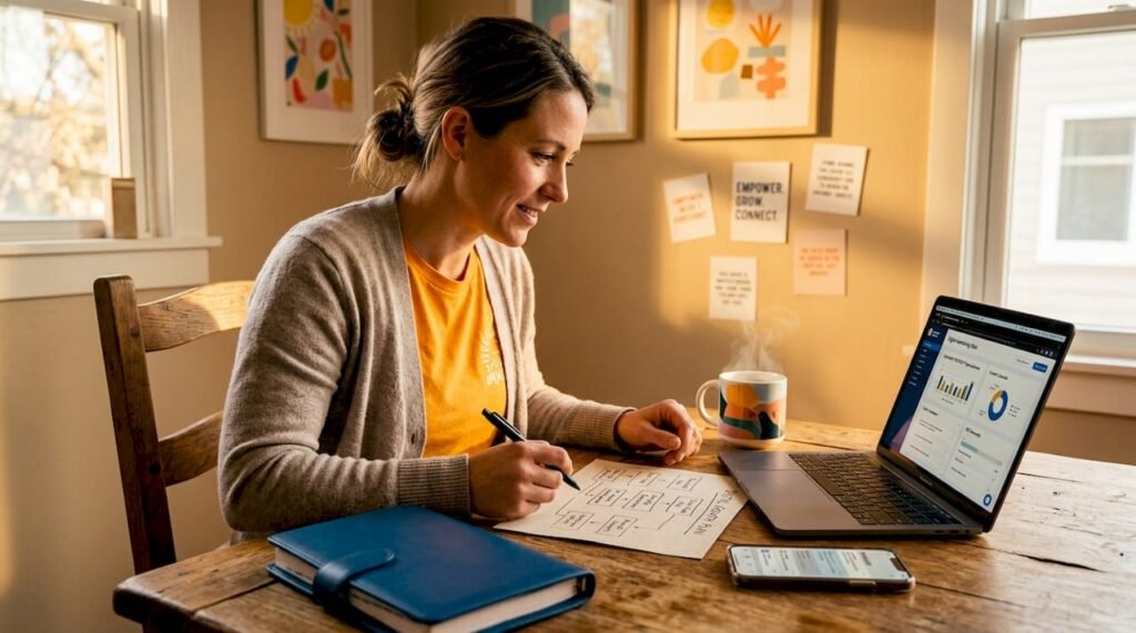 Small business owner planning marketing at kitchen table
