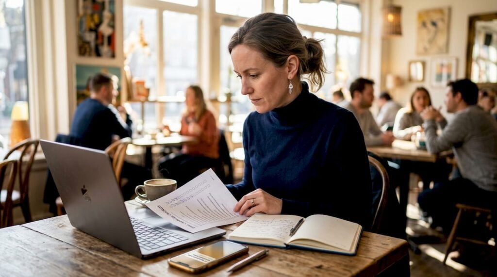 Woman planning email campaign at coworking table