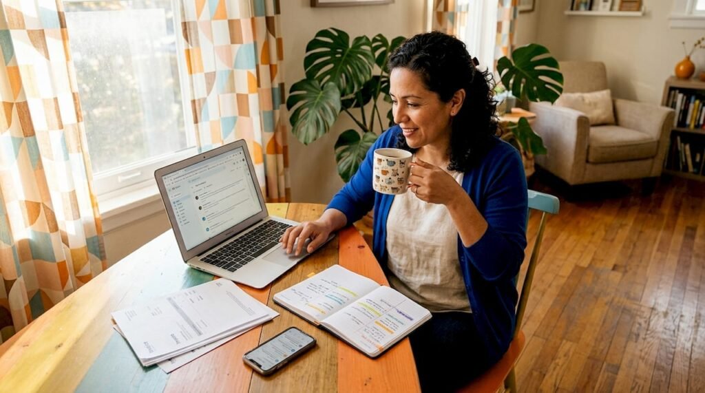 Small business owner checking laptop emails at home
