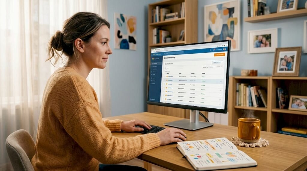 Small business owner using email marketing software