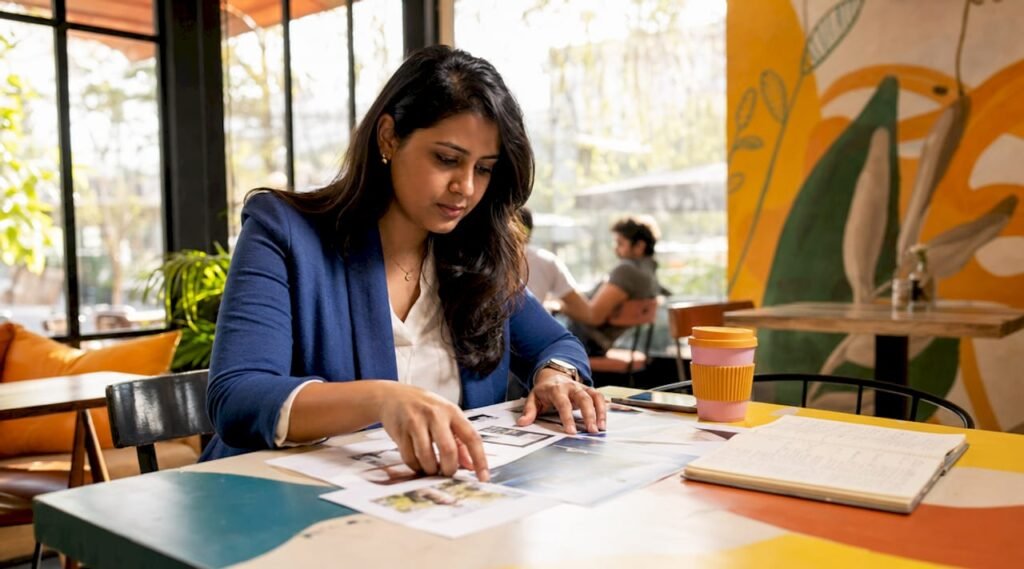 Woman reviewing digital marketing documents