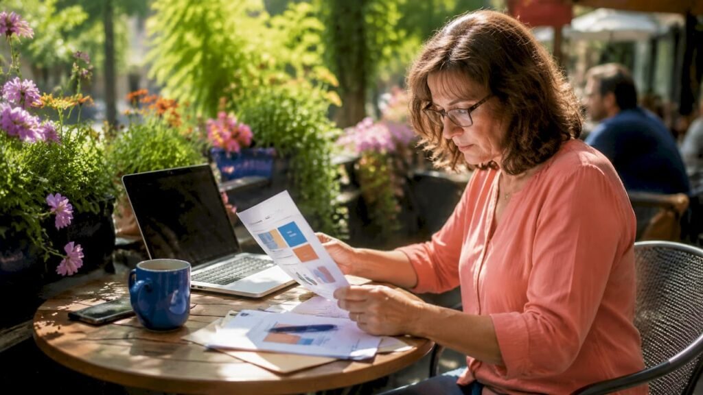 Woman reviewing printed digital marketing plans