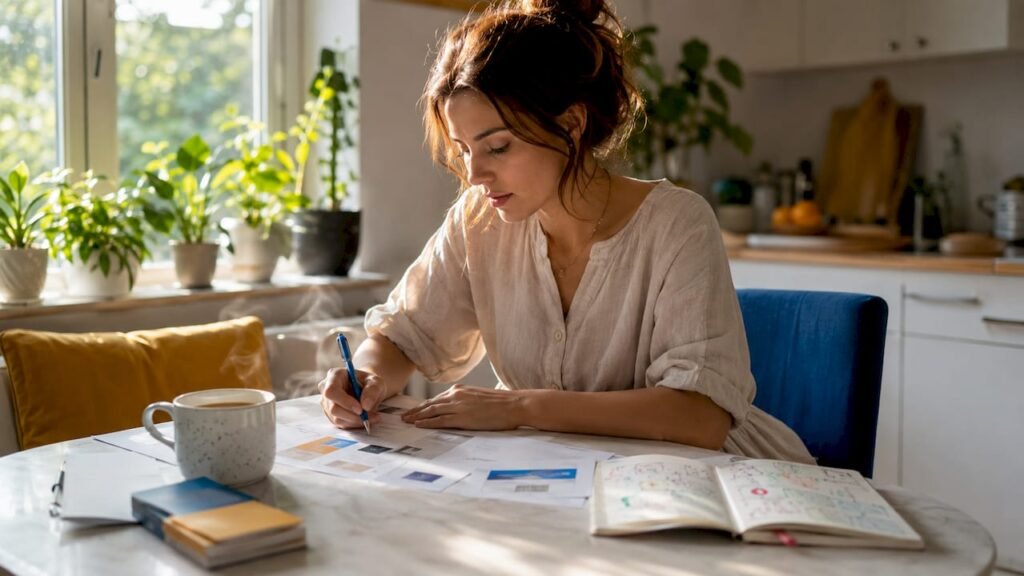 Small business owner reviewing marketing plans