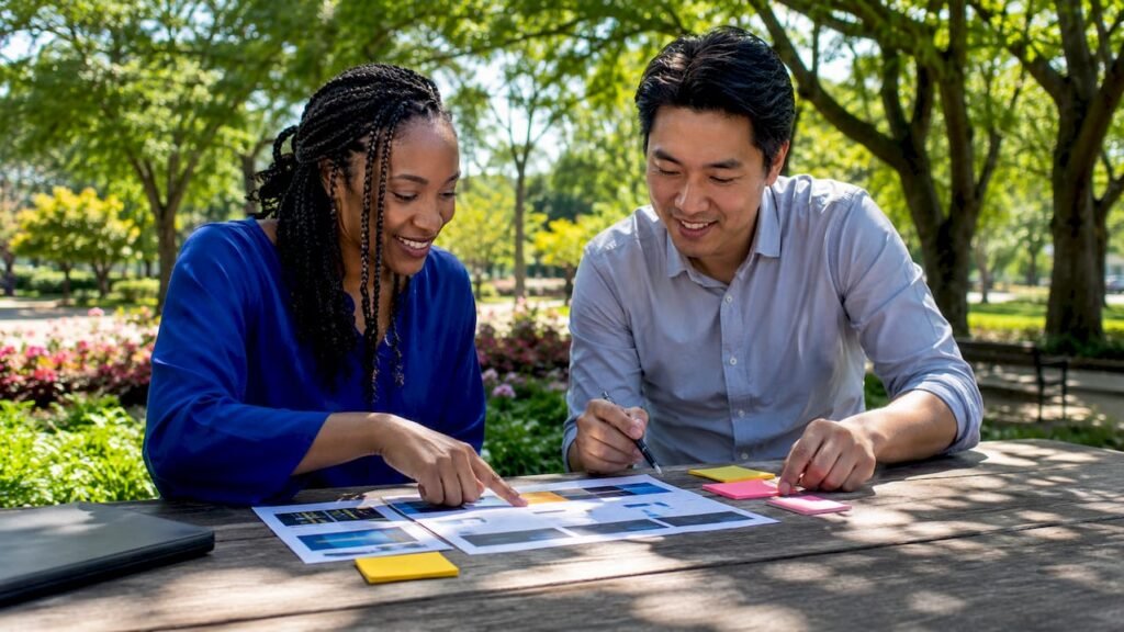 Two professionals reviewing marketing plan templates