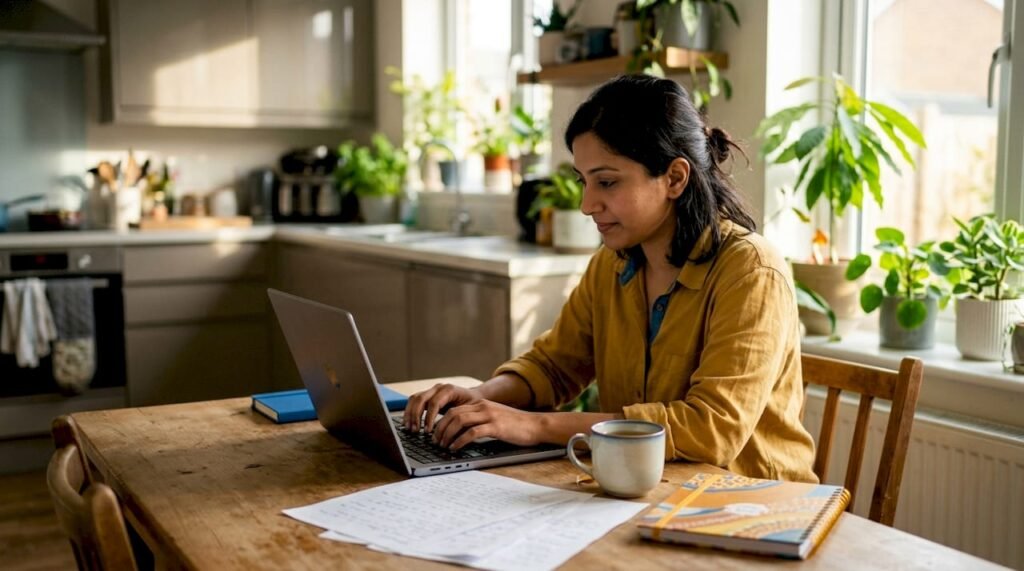 Woman working on content marketing ebook at desk
